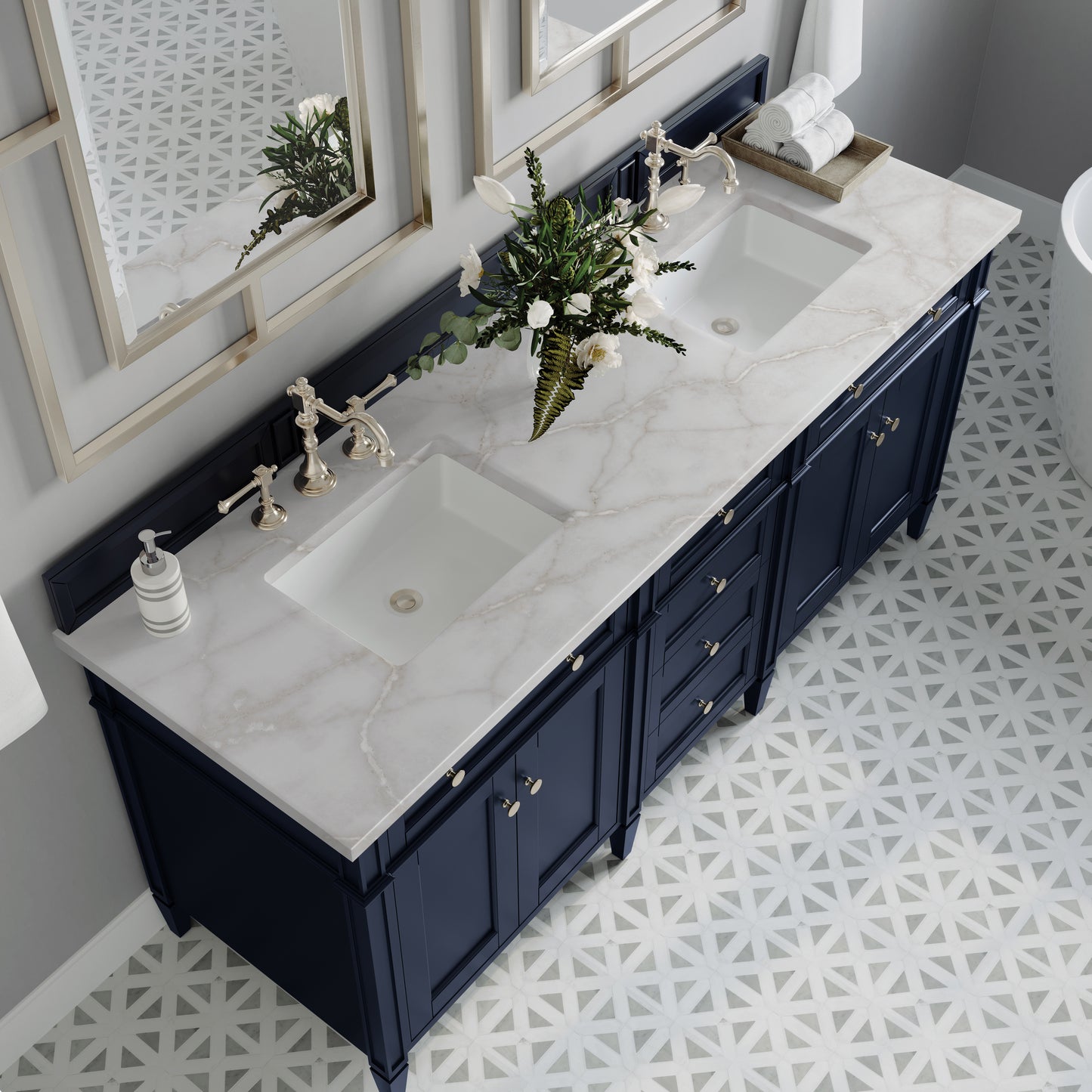 Brittany 72" Double Vanity, Victory Bleu w/ 3 CM Victorian Silver Silestone Top