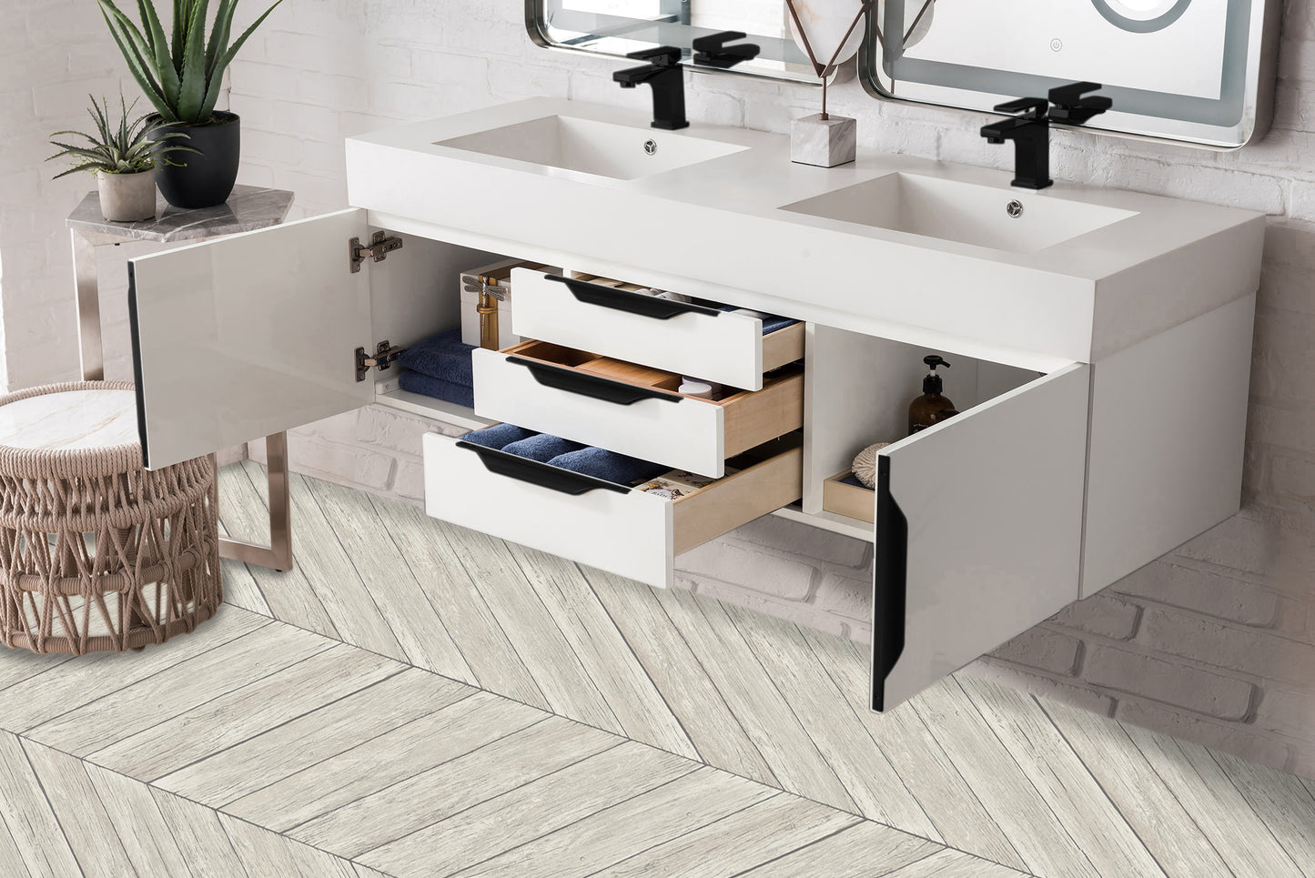 Columbia 59" Double Wall Mount Vanity, Glossy White, Matte Black w/ Glossy White Composite Stone Top