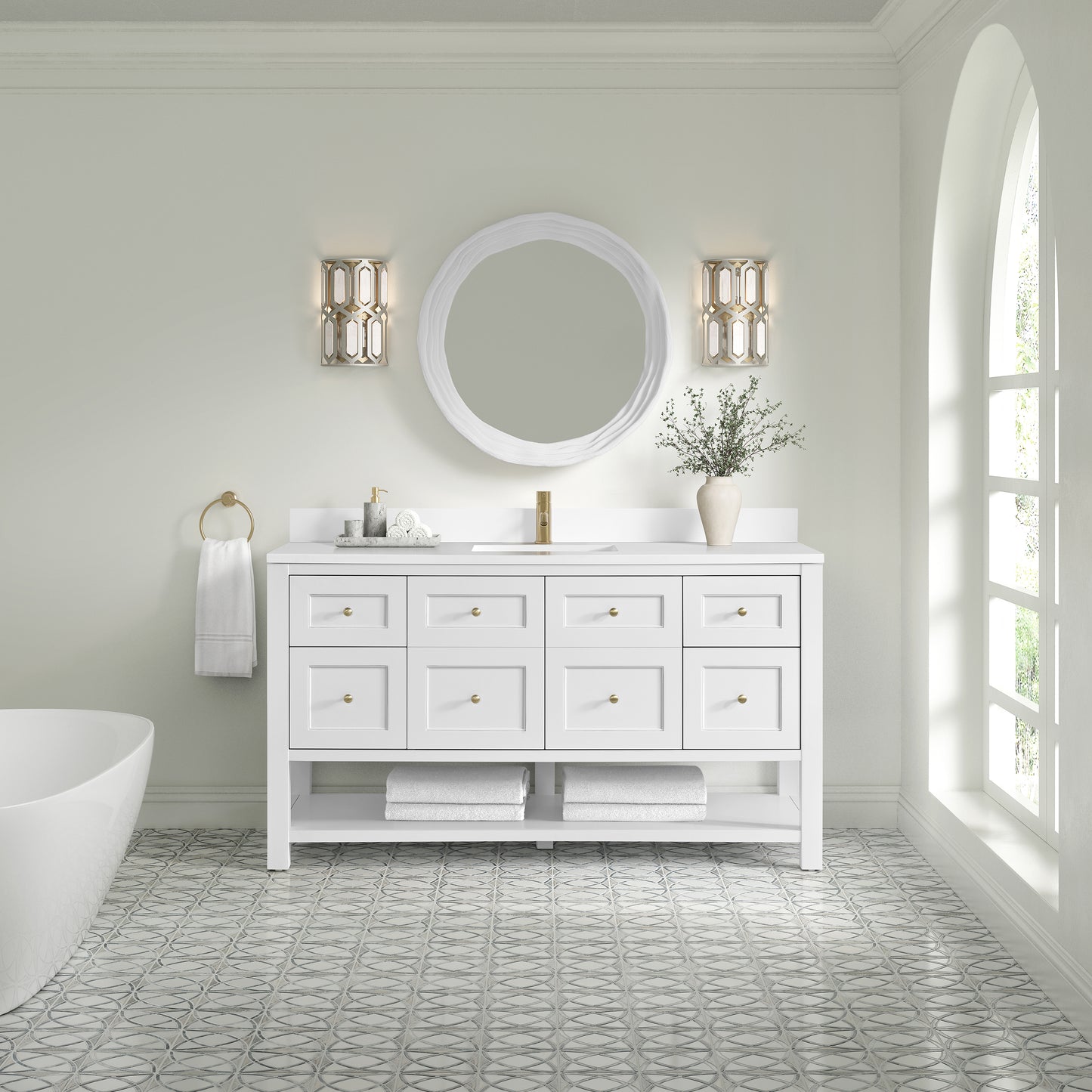 Breckenridge 60" Single Vanity, Bright White, w/ Single Hole 3 CM White Zeus Quartz Top & Backsplash