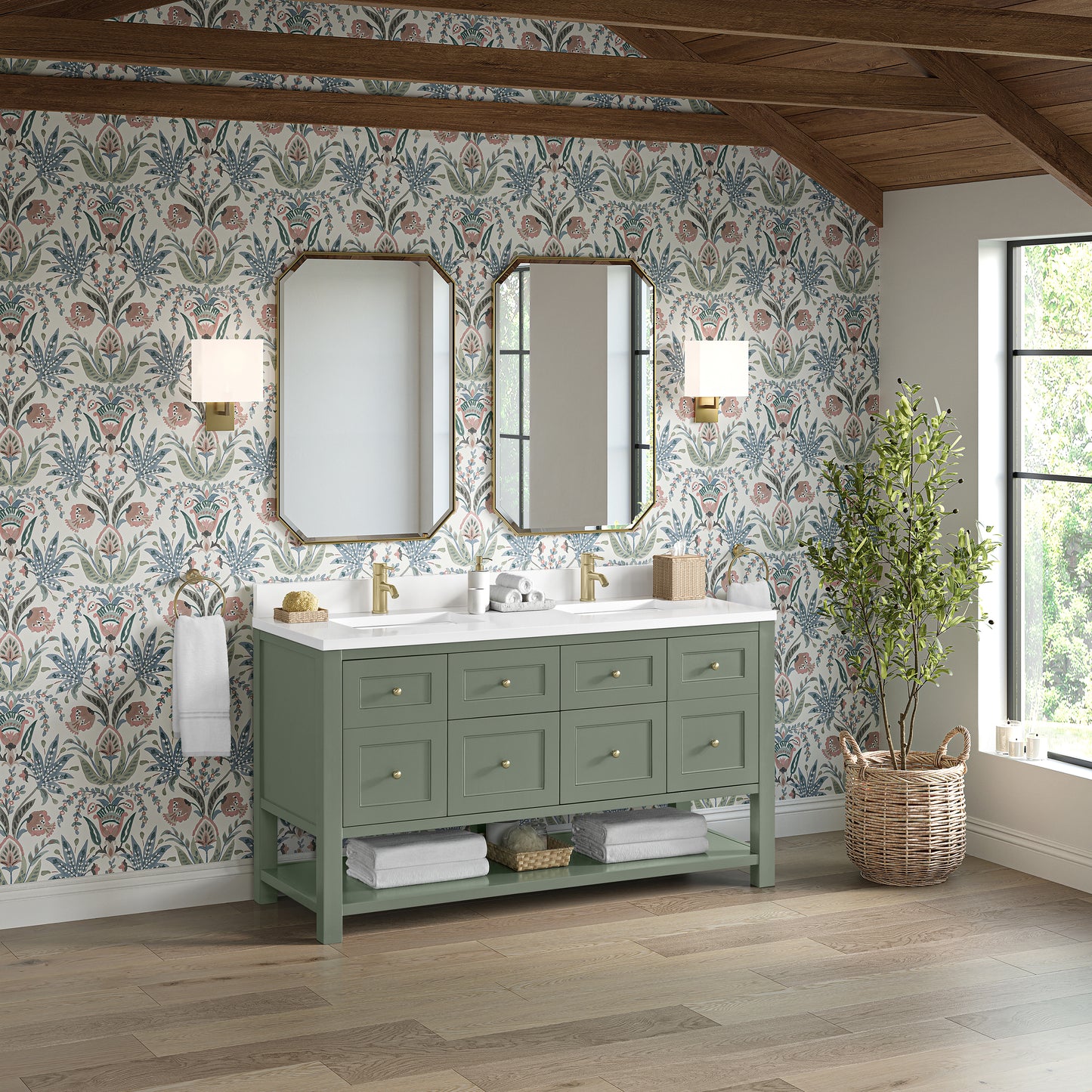 Breckenridge 60" Double Vanity, Smokey Celadon, w/ Single Hole 3 CM White Zeus Quartz Top & Backsplash