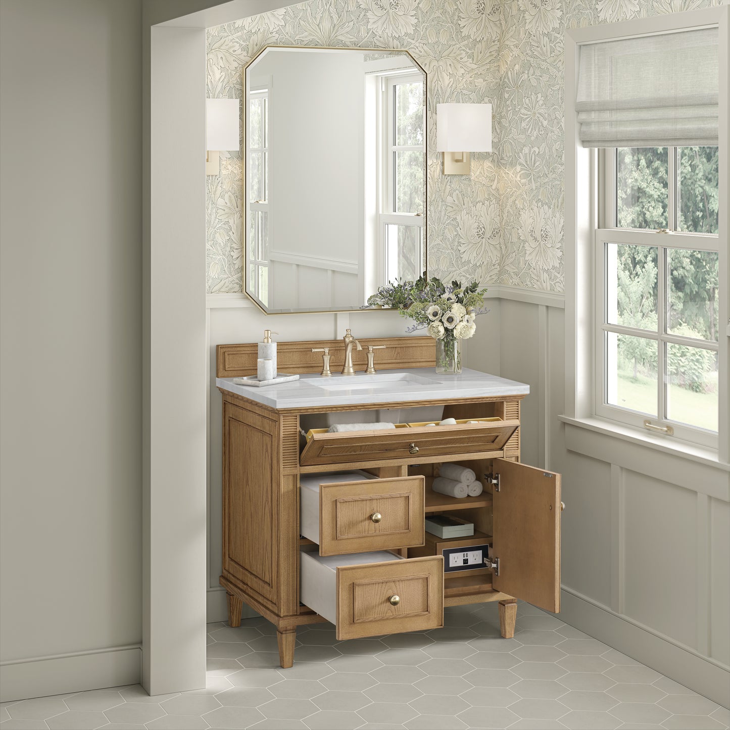 Lorelai 36" Single Vanity, Light Natural Oak w/ 3 CM Arctic Fall Solid Surface Top