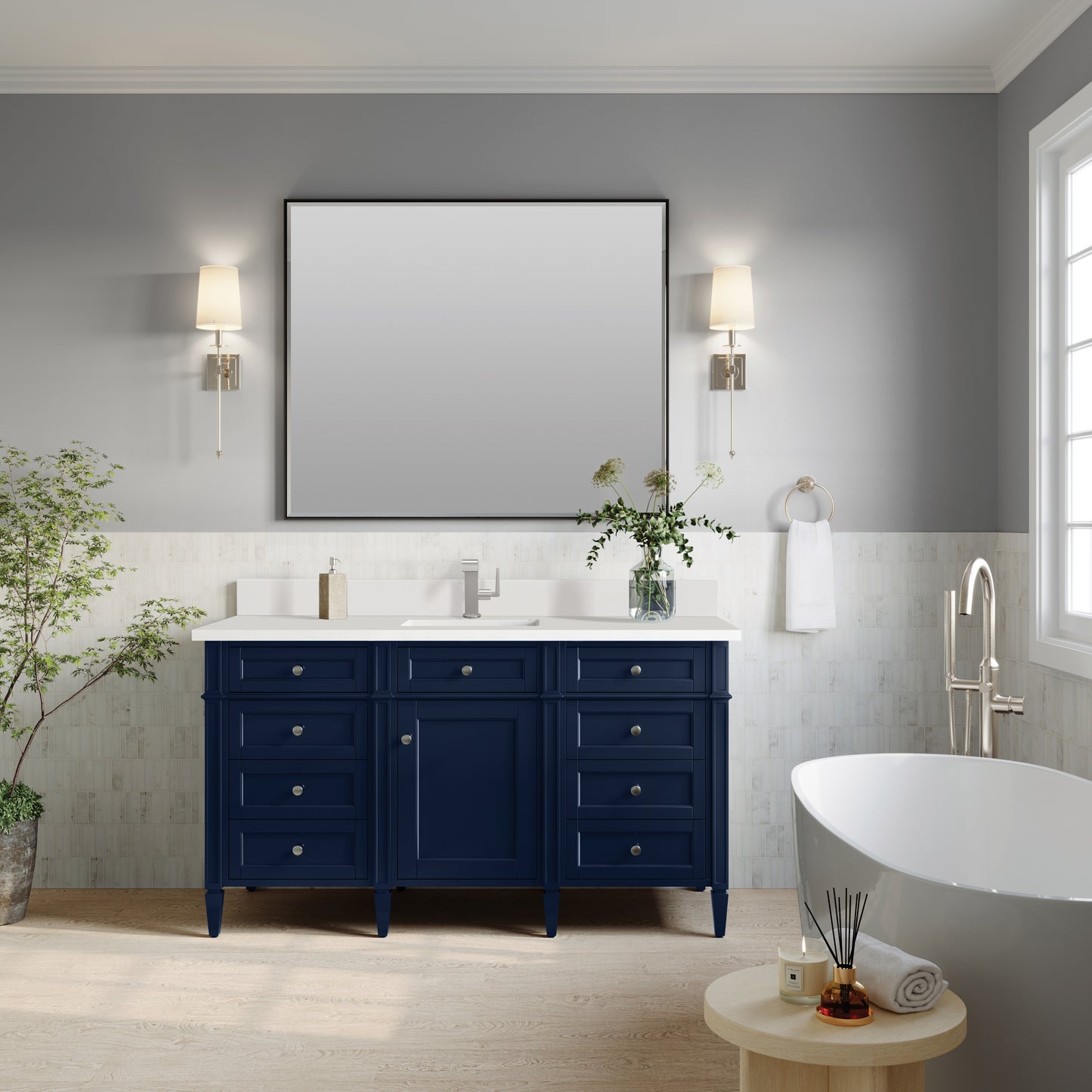 Brittany 60" Single Vanity, Victory Bleu w/ Single Hole 3 CM White Zeus Silestone Top & Backsplash