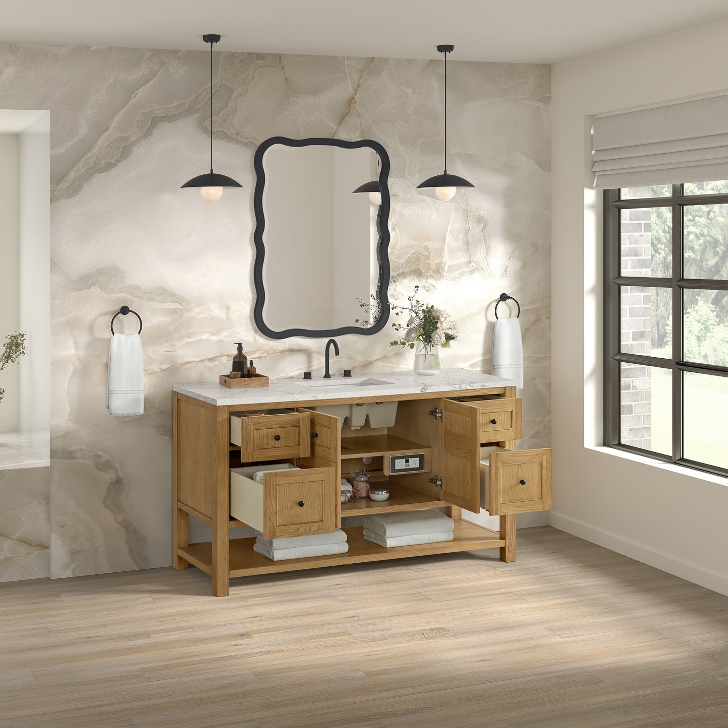 Breckenridge 60" Single Vanity, Light Natural Oak, w/ 3 CM Victorian Silver Silestone Top w/ FreePower Wireless Charger