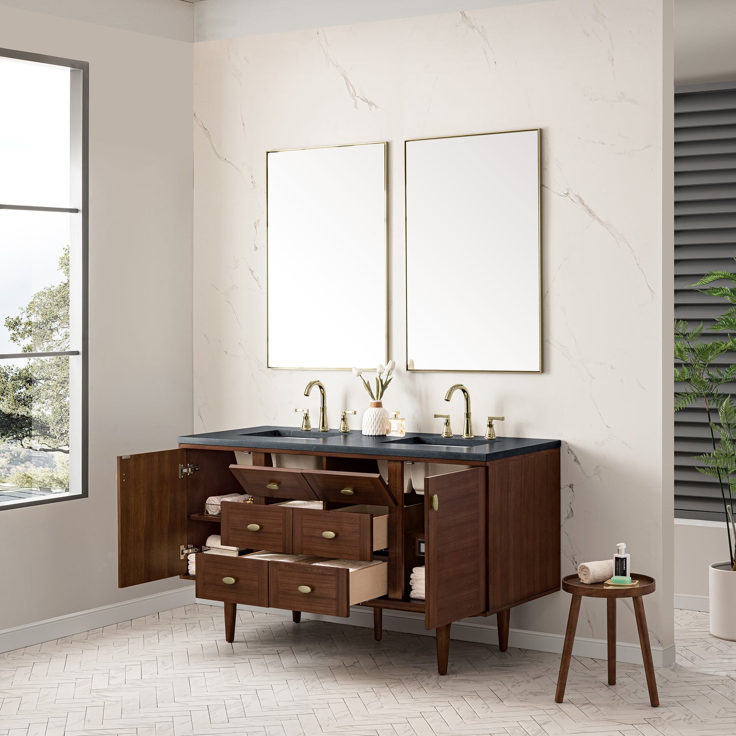 Amberly 60" Double Vanity, Mid-Century Walnut w/ 3 CM Charcoal Soapstone Top