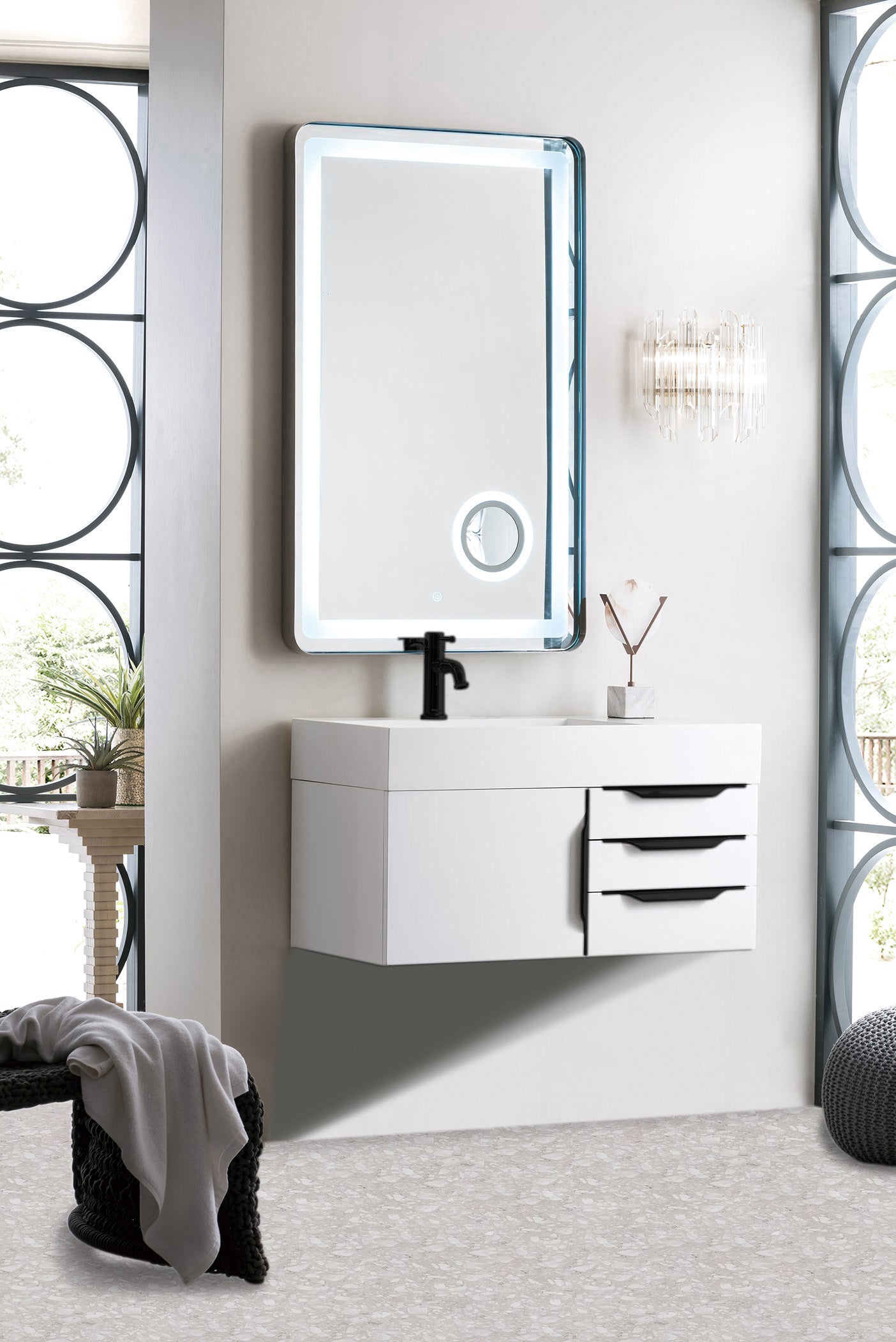 Columbia 36" Single Wall Mount Vanity, Glossy White, Matte Black w/ Glossy White Composite Stone Top