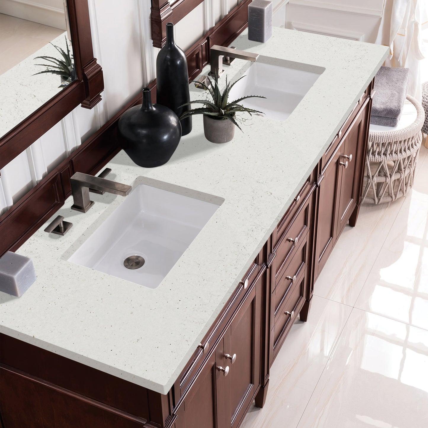 Brittany 72" Double Vanity, Burnished Mahogany w/ 3 CM Lime Delight Silestone Top