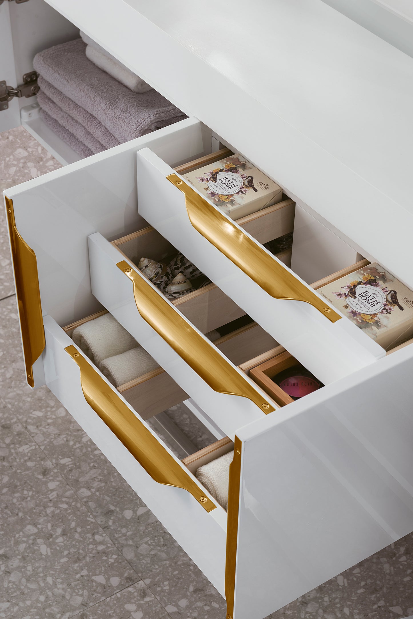 Columbia 72" Double Wall Mount Vanity, Glossy White, Radiant Gold w/ Glossy White Composite Stone Top