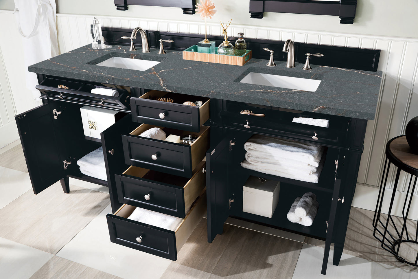 Brittany 72" Double Vanity, Black Onyx w/ 3 CM Parisien Bleu Silestone Top