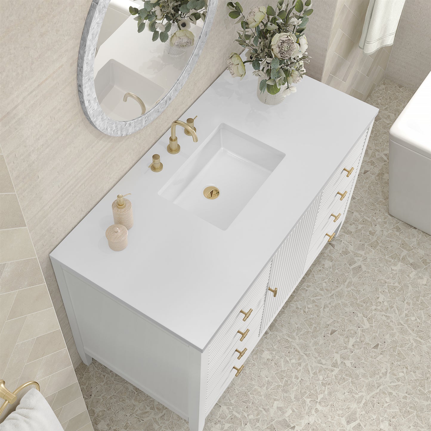 Myrrin 48" Vanity, Bright White w/ 3 CM White Zeus Silestone Top