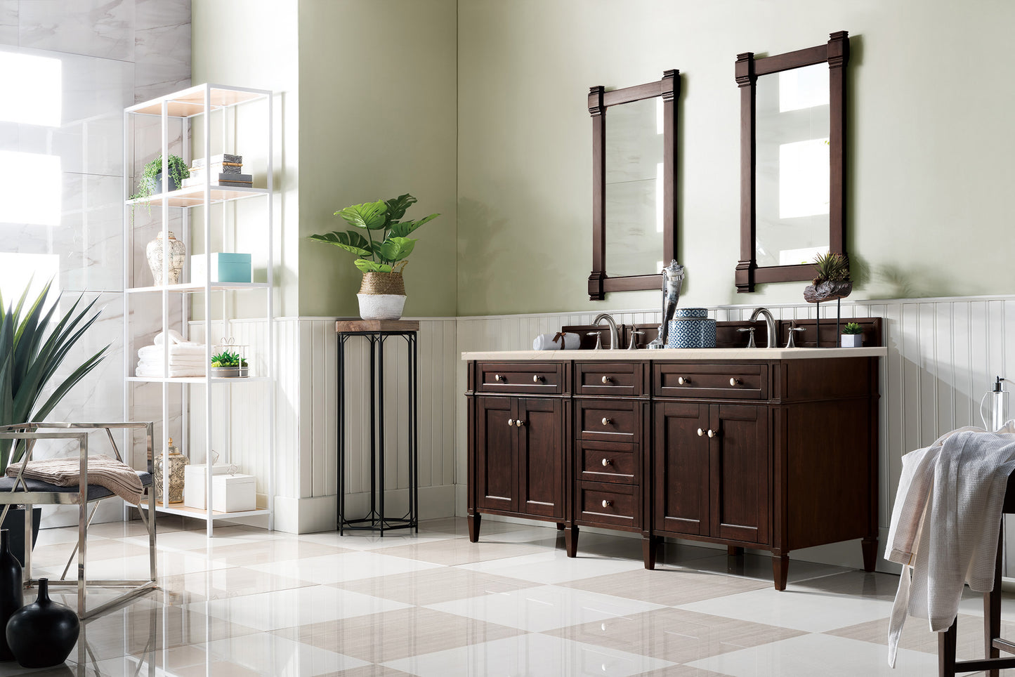Brittany 72" Double Vanity, Burnished Mahogany w/ 3 CM Eternal Marfil Silestone Top