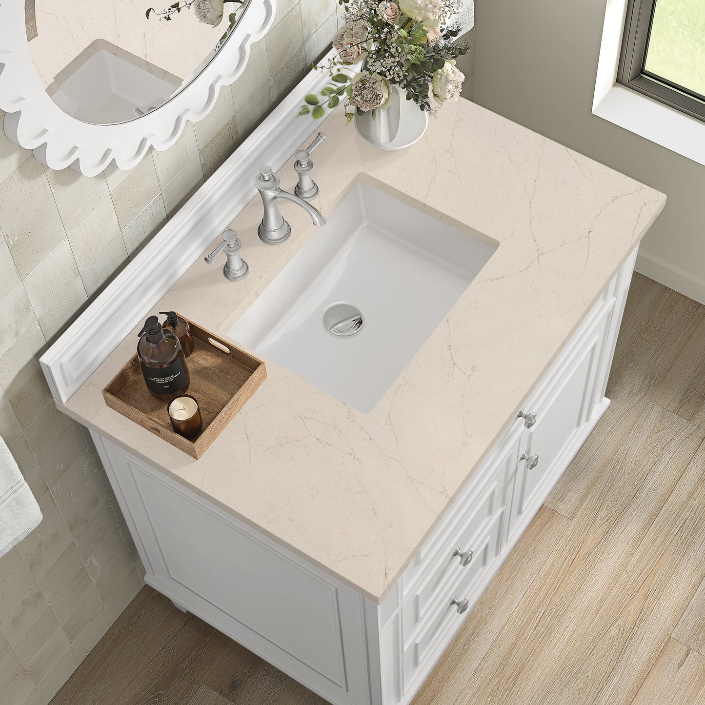 Lorelai 36" Single Vanity, Bright White w/ 3 CM Eternal Marfil Silestone Top