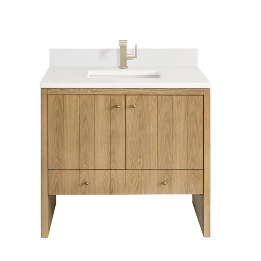 Hudson 36" Single Vanity, Light Natural Oak w/ Single Hole 3 CM White Zeus Top & Backsplash