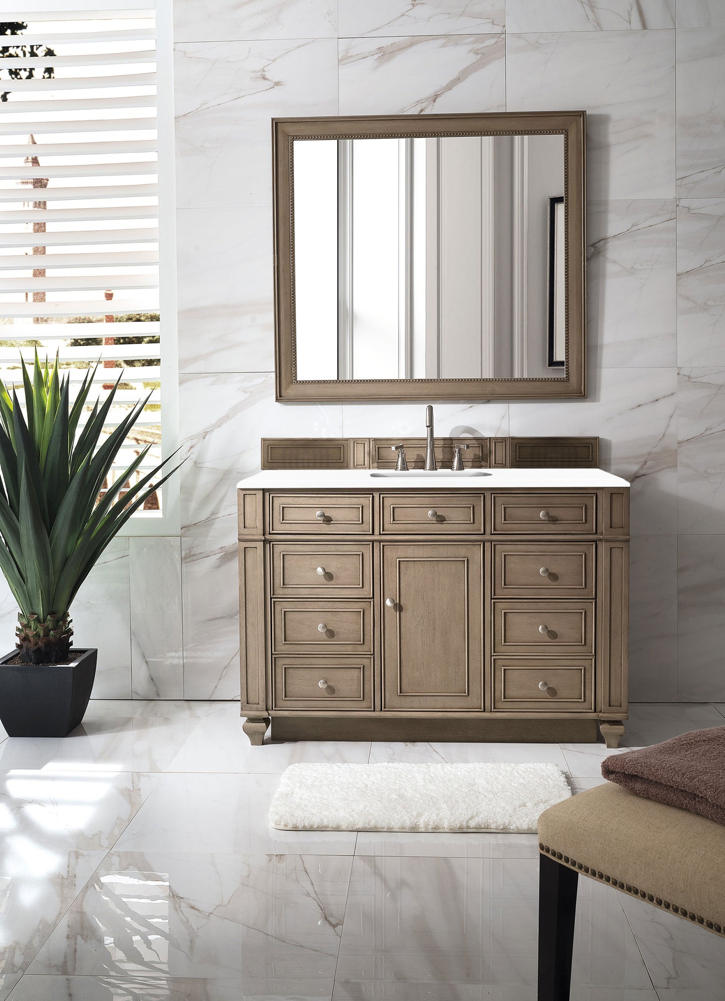 Bristol 48" Single Vanity, Whitewashed Walnut w/ 3 CM White Zeus Silestone Top