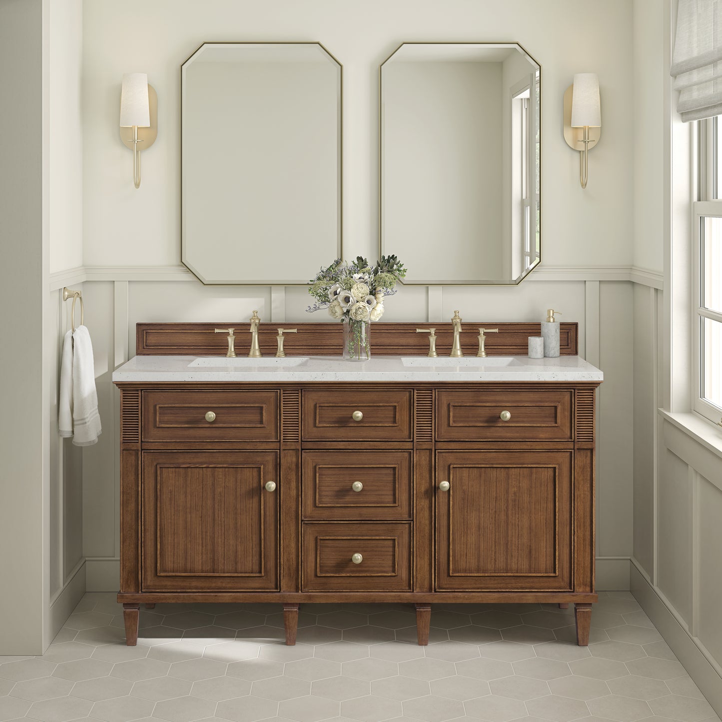 Lorelai 60" Double Vanity, Mid-Century Walnut w/ 3 CM Lime Delight Silestone Top