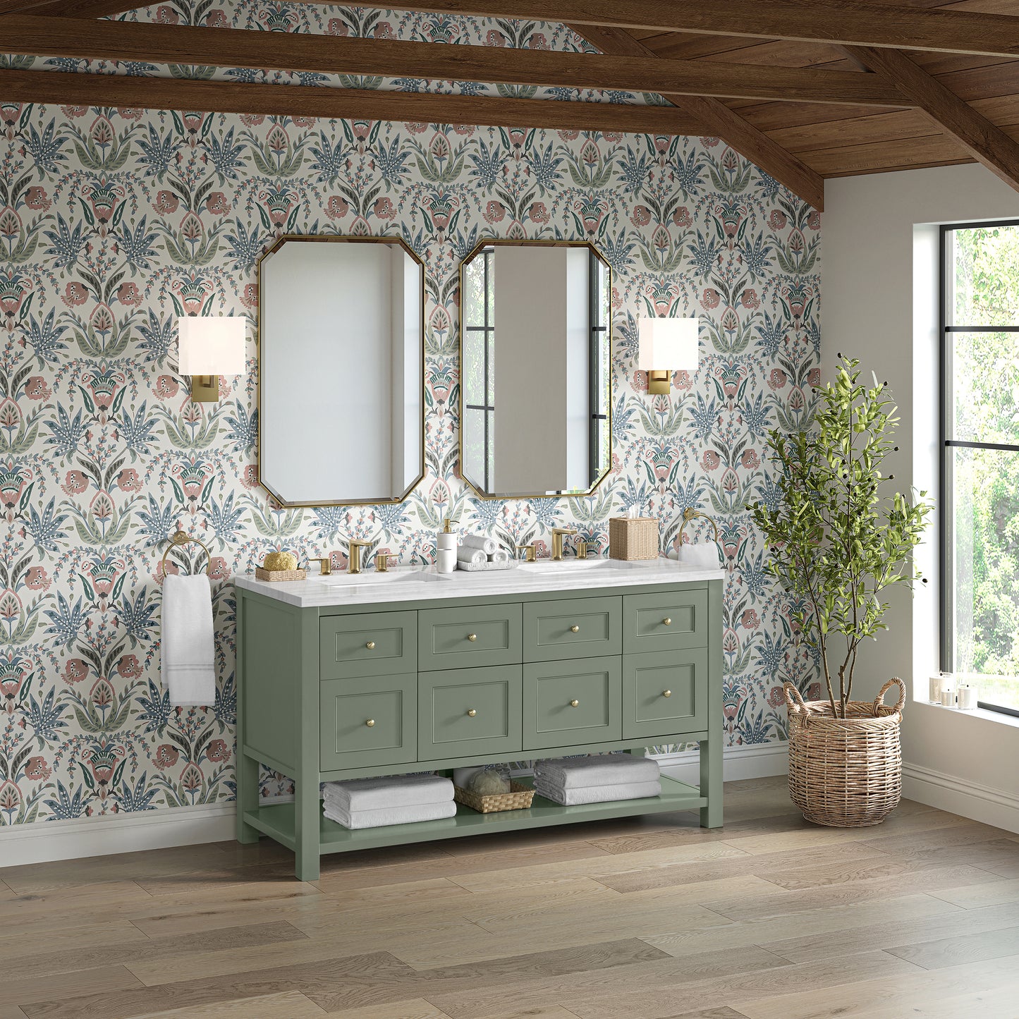 Breckenridge 60" Double Vanity, Smokey Celadon, w/ 3 CM Arctic Fall Solid Surface Top