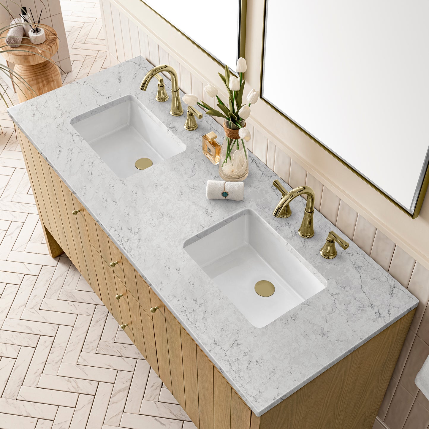 Hudson 60" Double Vanity, Light Natural Oak w/ 3 CM Eternal Jasmine Pearl Top