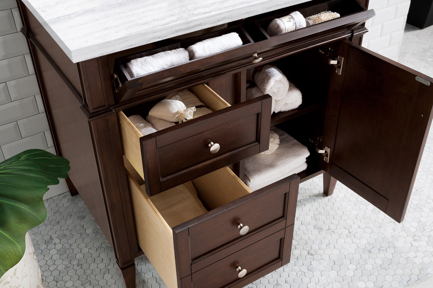 Brittany 36" Single Vanity, Burnished Mahogany w/ 3 CM Arctic Fall Solid Surface Top