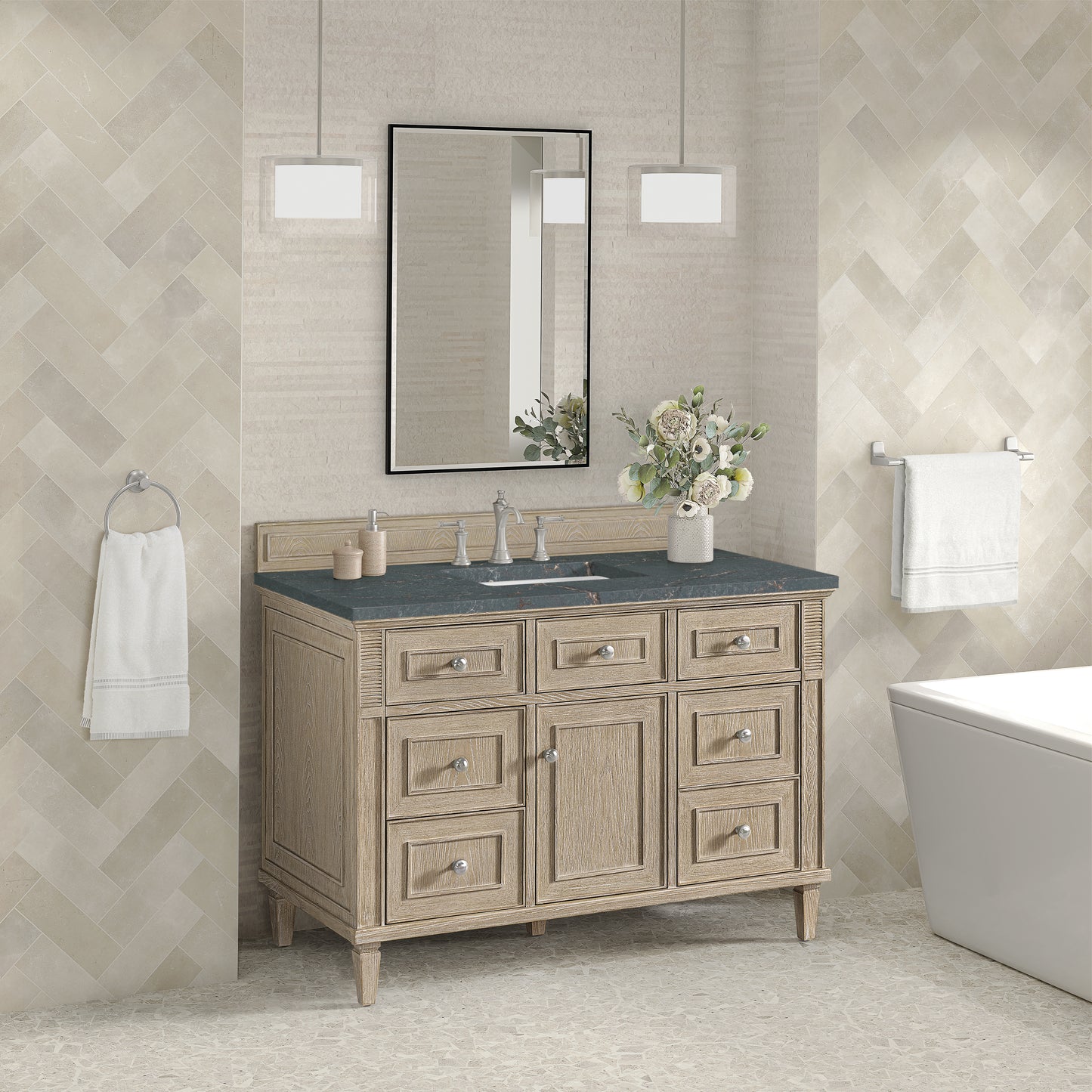 Lorelai 48" Single Vanity, Whitewashed Oak w/ 3 CM Parisien Bleu Silestone Top