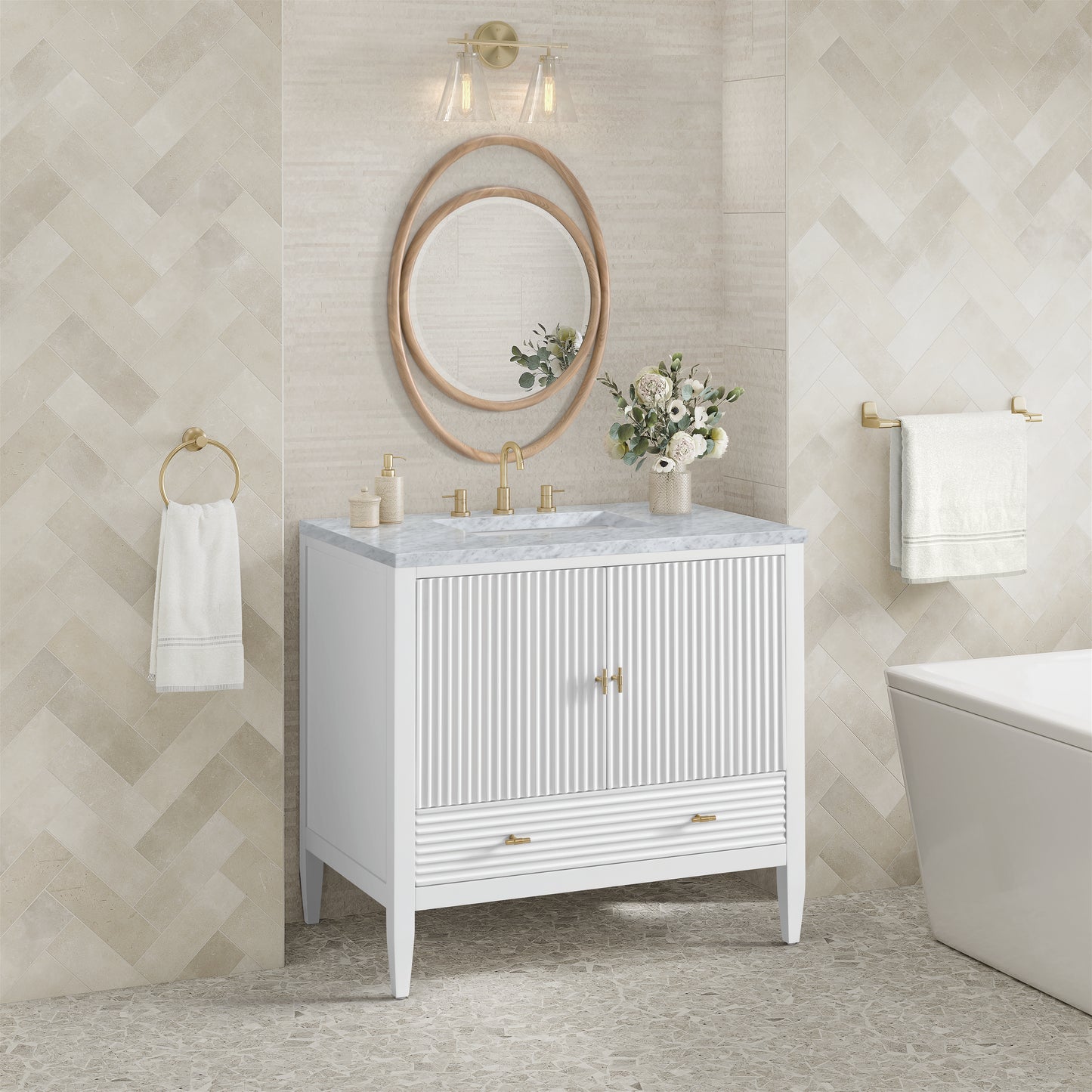 Myrrin 36" Vanity, Bright White w/ 3 CM Carrara White Marble Top
