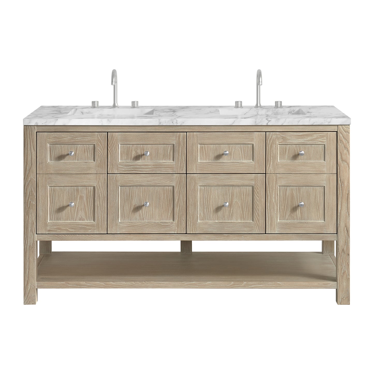 Breckenridge 60" Double Vanity, Whitewashed Oak, w/ 3 CM Carrara Marble Top