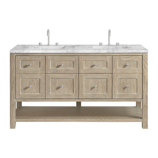Breckenridge 60" Double Vanity, Whitewashed Oak, w/ 3 CM Carrara Marble Top