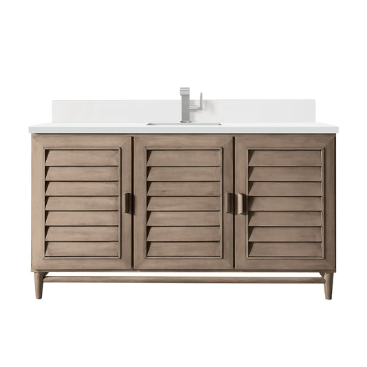 Portland 60" Single Vanity Whitewashed Walnut w/ Single Hole 3 CM White Zeus Silestone Top & Backsplash
