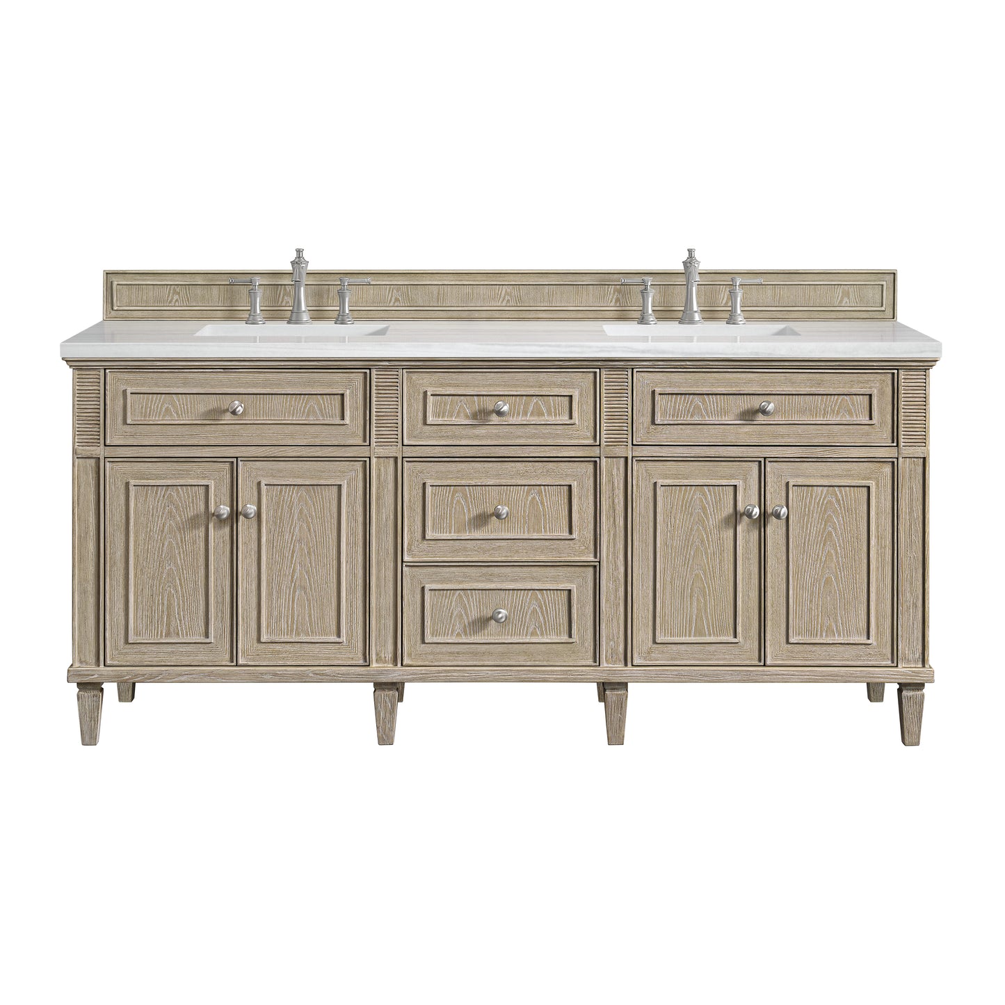 Lorelai 72" Double Vanity, Whitewashed Oak w/ 3 CM Arctic Fall Solid Surface Top