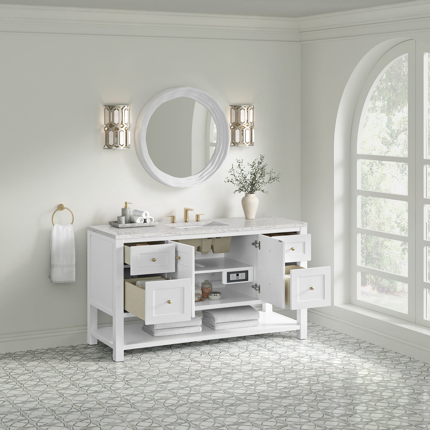 Breckenridge 60" Single Vanity, Bright White, w/ 3 CM Eternal Jasmine Pearl Quartz Top