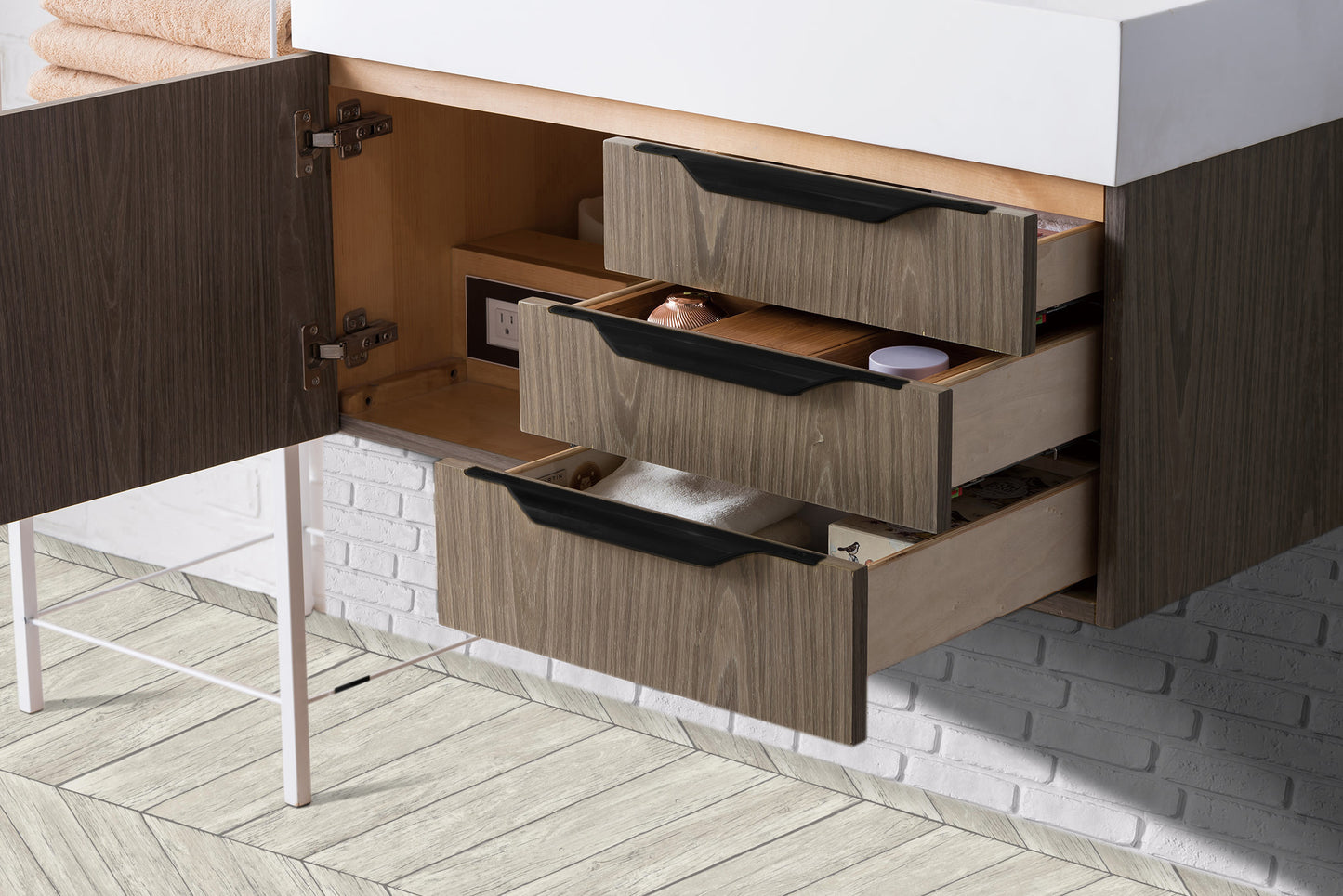 Columbia 36" Single Wall Mount Vanity, Ash Gray, Matte Black w/ Glossy White Composite Stone Top