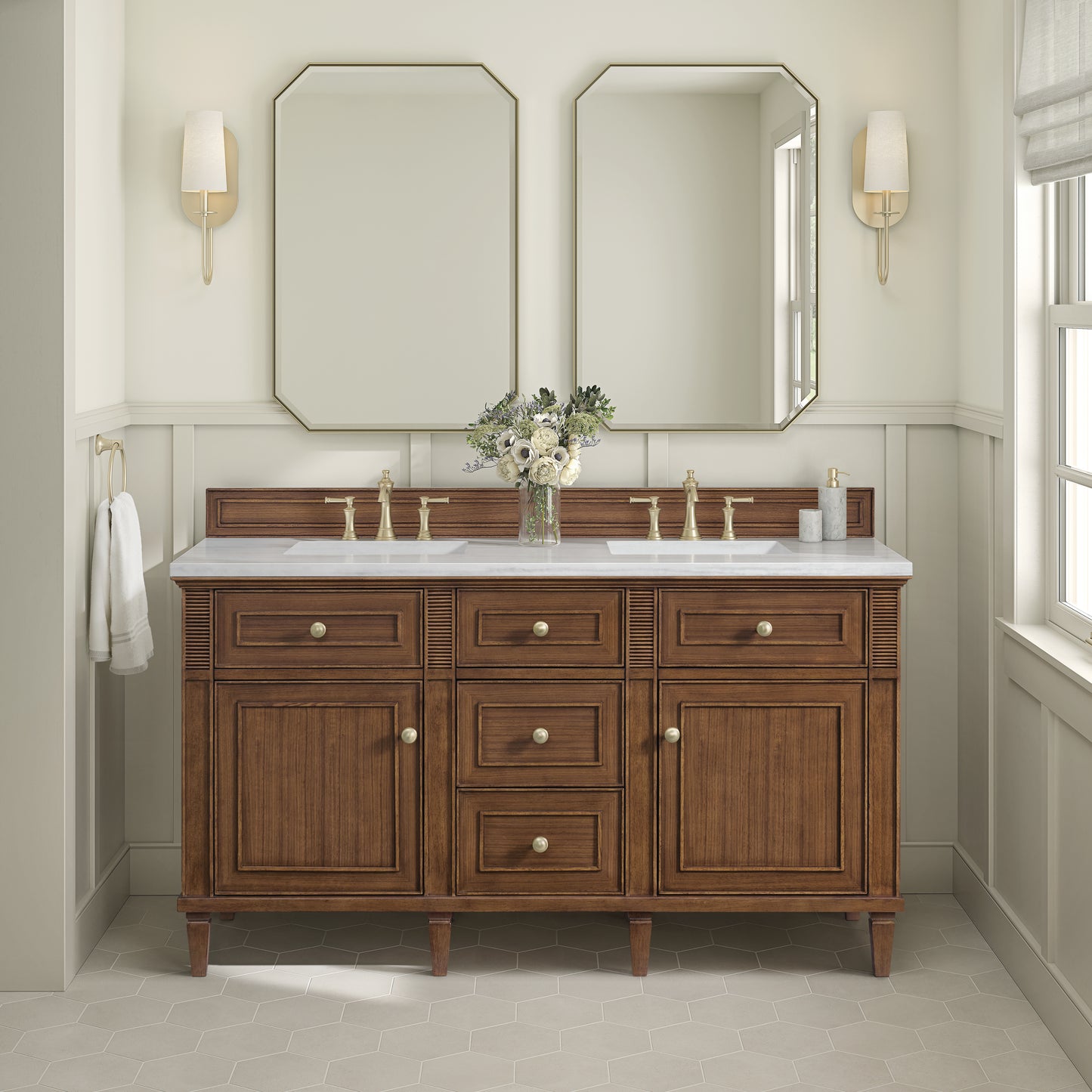Lorelai 60" Double Vanity, Mid-Century Walnut w/ 3 CM Arctic Fall Solid Surface Top