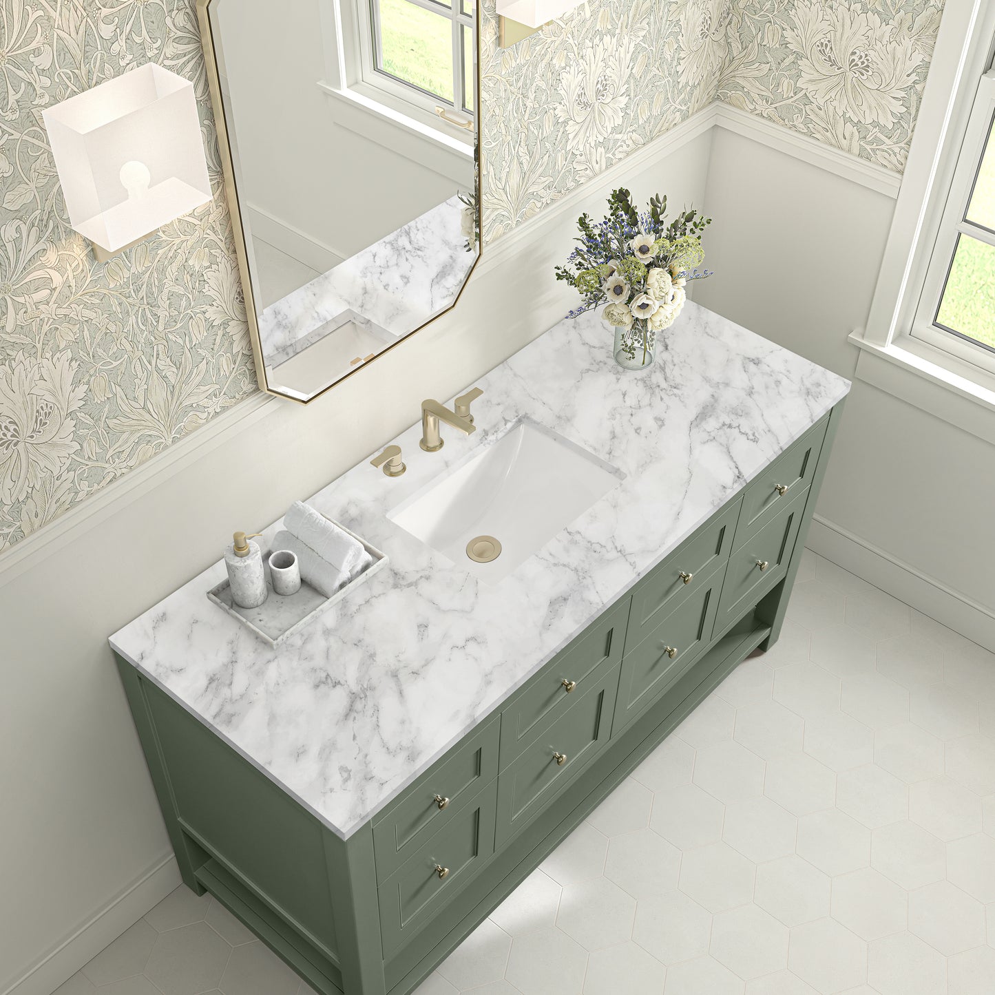 Breckenridge 60" Single Vanity, Smokey Celadon, w/ 3 CM Carrara Marble Top
