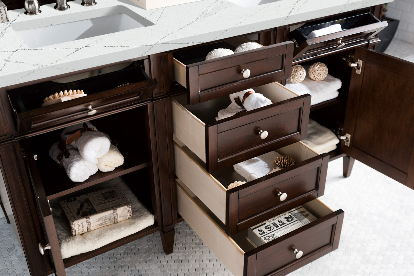 Brittany 60" Double Vanity, Burnished Mahogany w/ 3 CM Ethereal Noctis Silestone Top