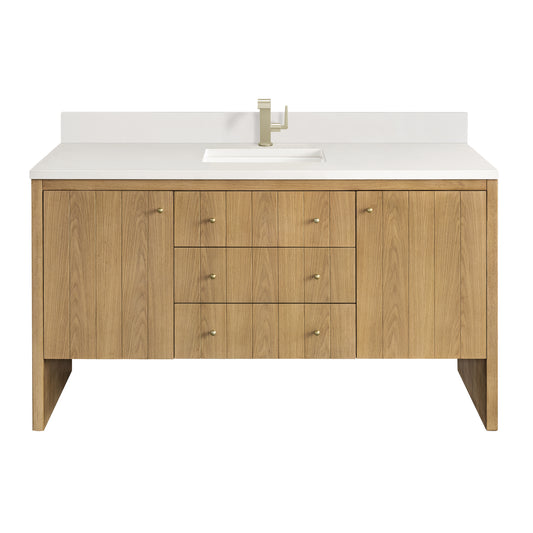 Hudson 60" Single Vanity, Light Natural Oak w/ Single Hole 3 CM White Zeus Top & Backsplash