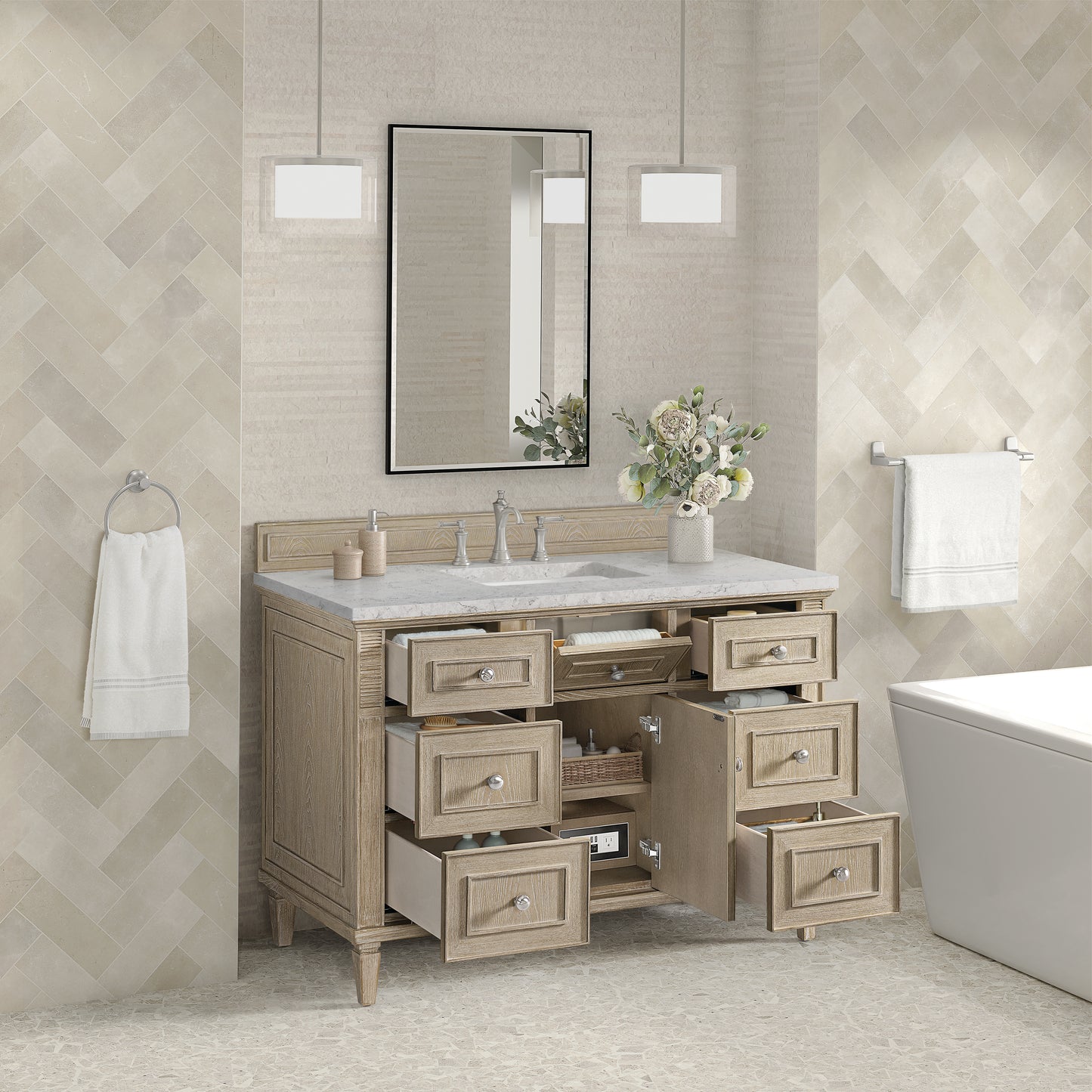 Lorelai 48" Single Vanity, Whitewashed Oak w/ 3 CM Eternal Jasmine Pearl Silestone Top