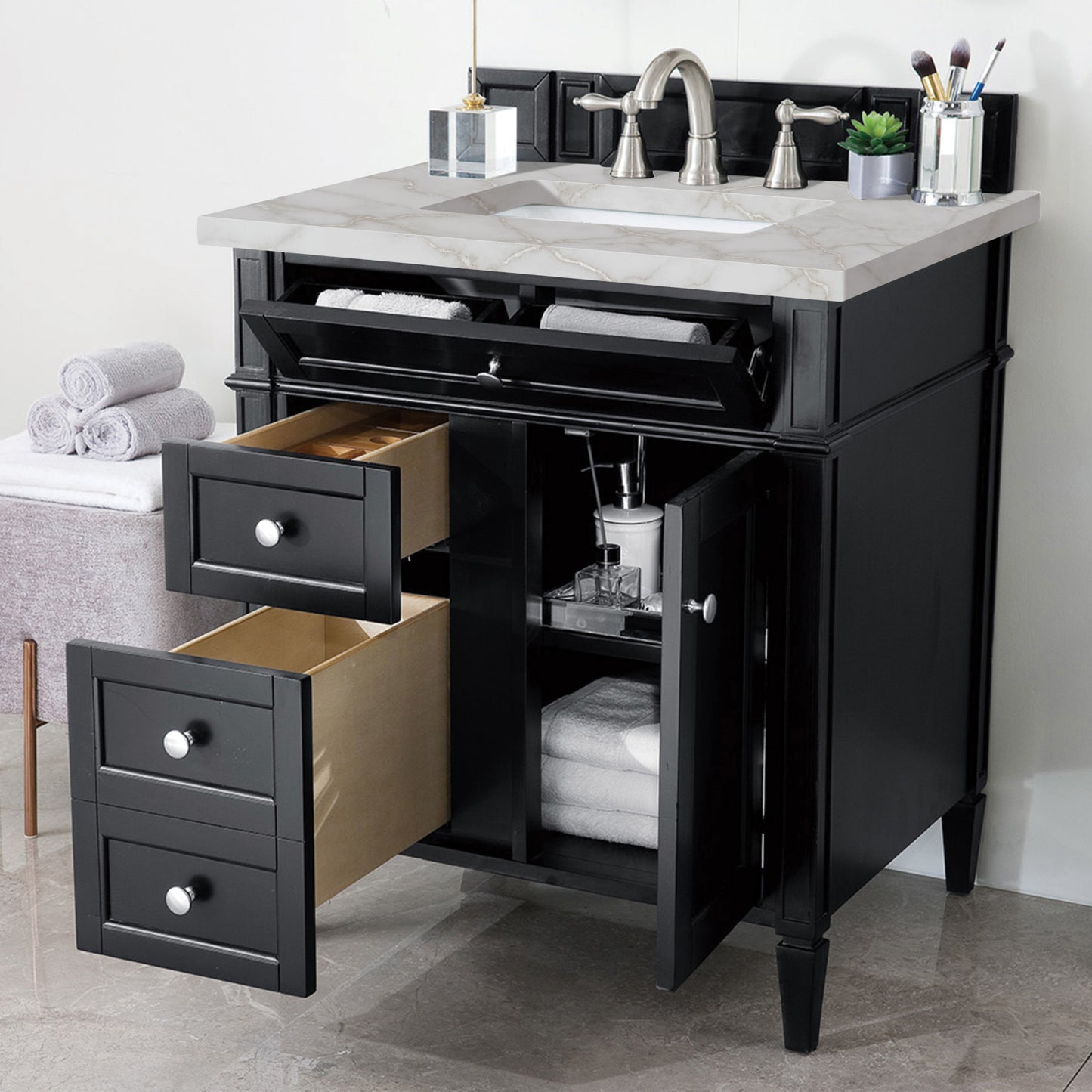 Brittany 30" Single Vanity, Black Onyx, w/ 3 CM Victorian Silver Silestone Top