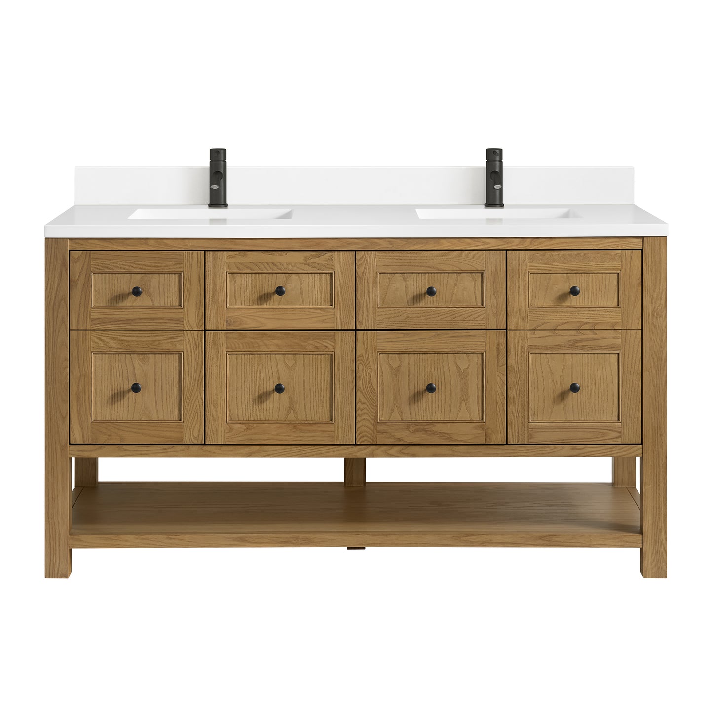 Breckenridge 60" Double Vanity, Light Natural Oak, w/ Single Hole 3 CM White Zeus Quartz Top & Backsplash