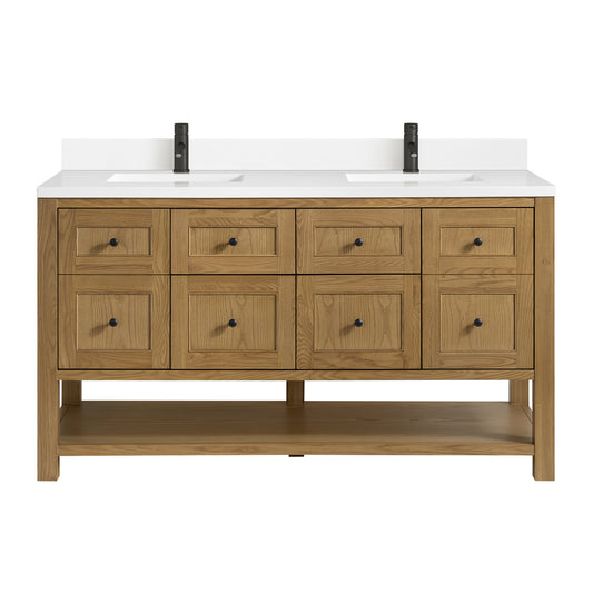 Breckenridge 60" Double Vanity, Light Natural Oak, w/ Single Hole 3 CM White Zeus Quartz Top & Backsplash