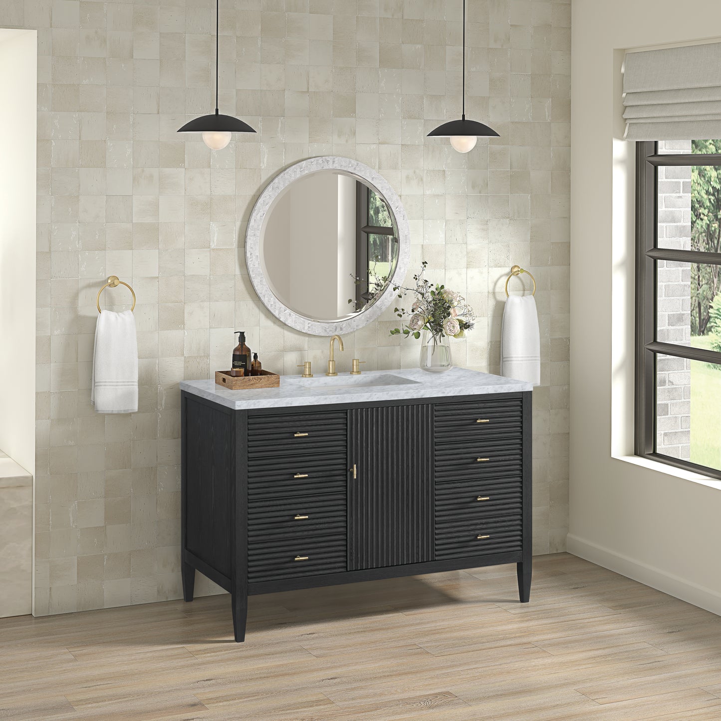 Myrrin 48" Vanity, Carbon Oak w/ 3 CM Carrara White Marble Top