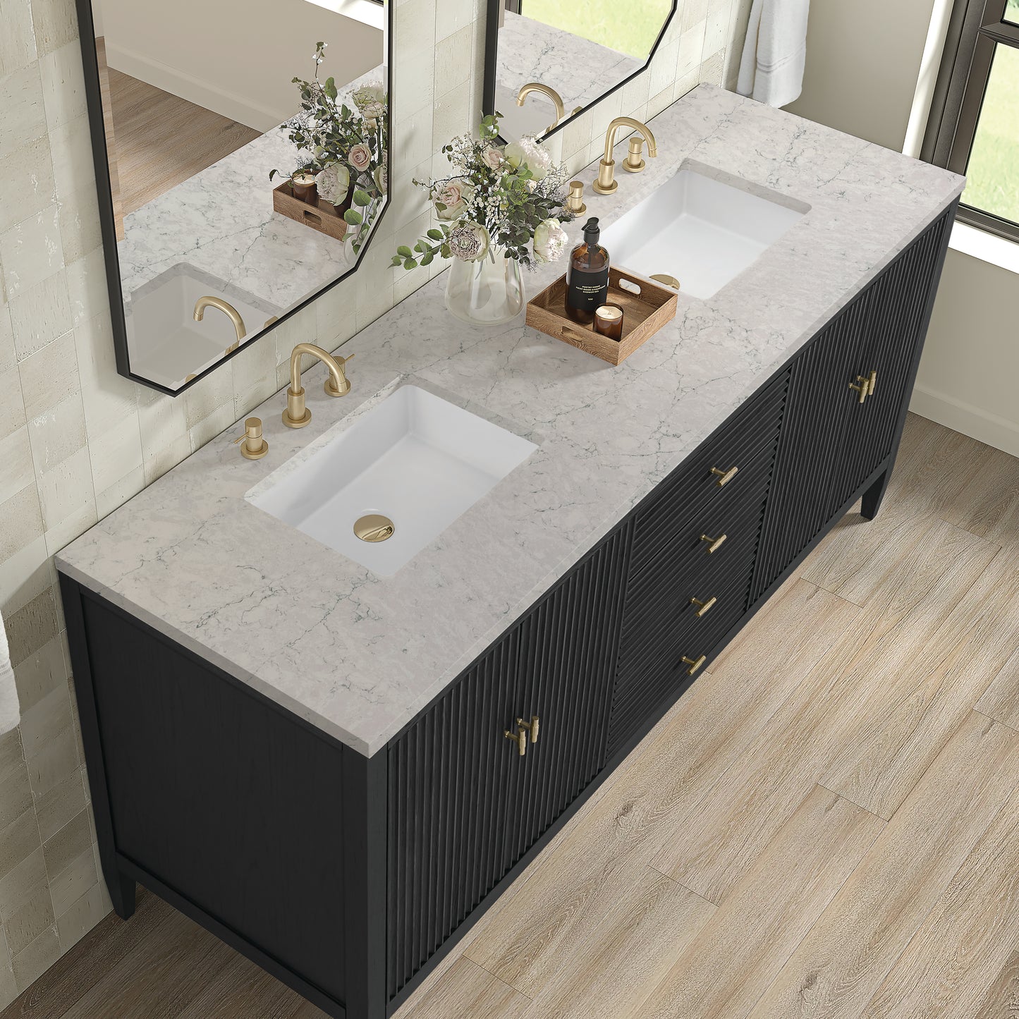 Myrrin 72" Double Vanity, Carbon Oak w/ 3 CM Eternal Jasmine Pearl Silestone Top