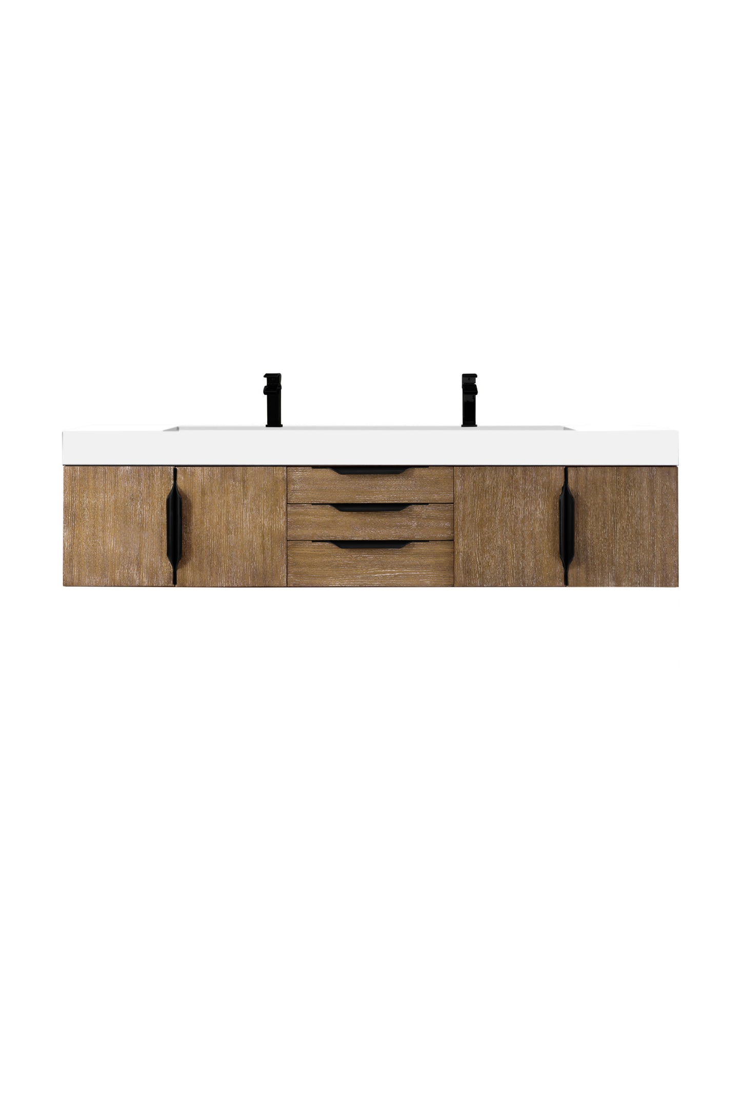 Columbia 72" Double Wall Mount Vanity, Latte Oak, Matte Black w/ Glossy White Composite Stone Top
