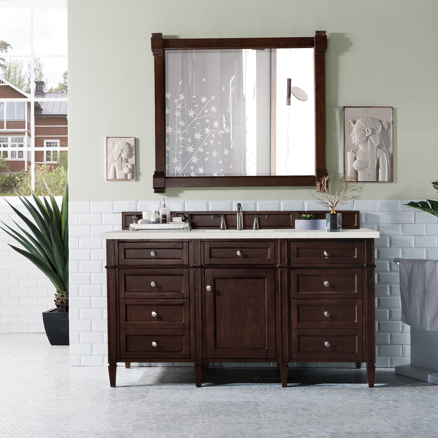 Brittany 60" Single Vanity, Burnished Mahogany w/ 3 CM Lime Delight Silestone Top