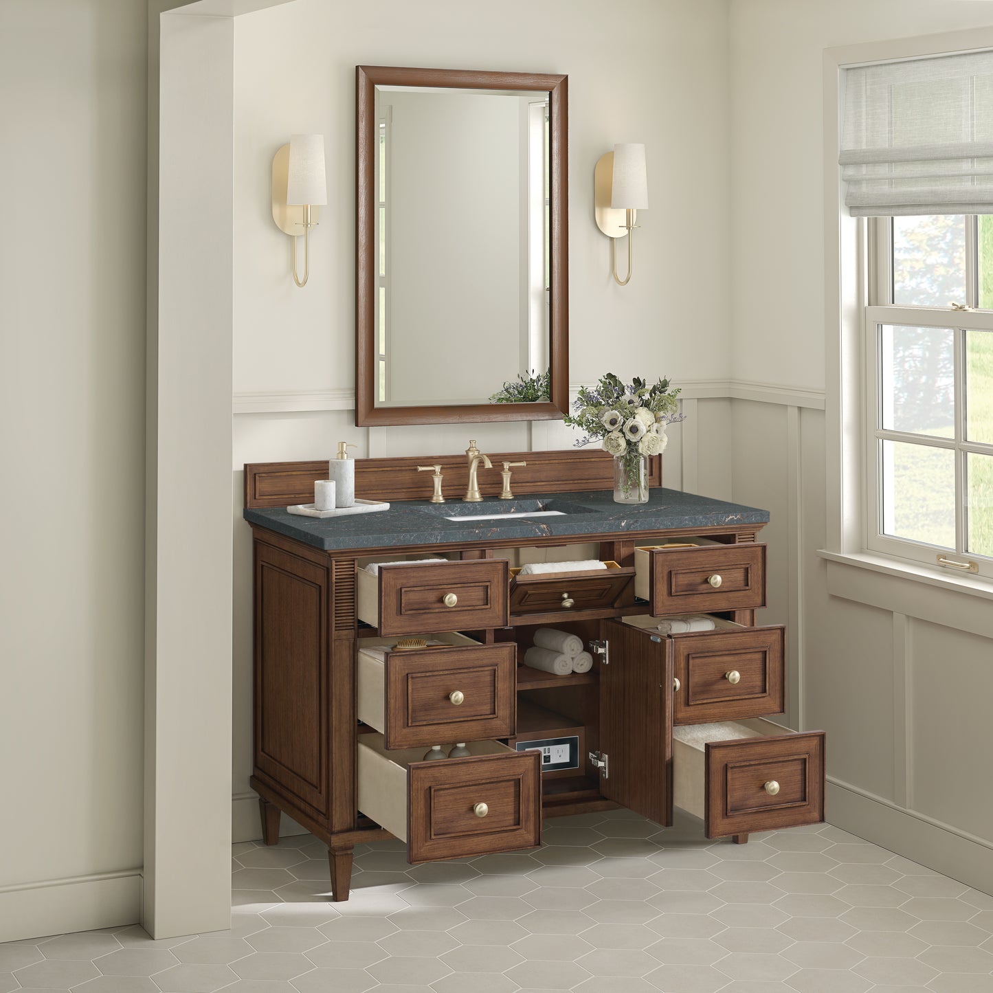 Lorelai 48" Single Vanity, Mid-Century Walnut w/ 3 CM Parisien Bleu Silestone Top