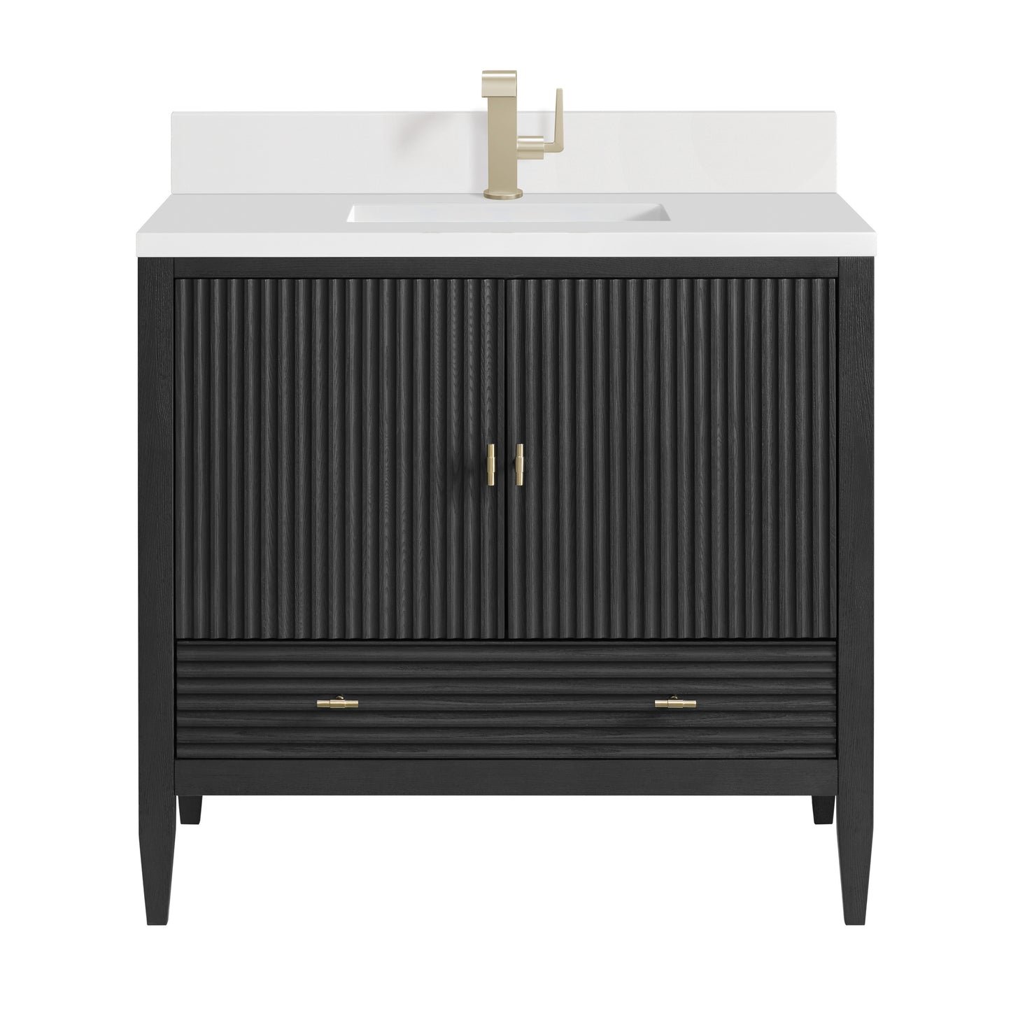 Myrrin 36" Vanity, Carbon Oak w/ Single Hole 3 CM White Zeus Silestone Top & Backsplash