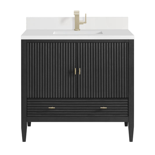 Myrrin 36" Vanity, Carbon Oak w/ Single Hole 3 CM White Zeus Silestone Top & Backsplash