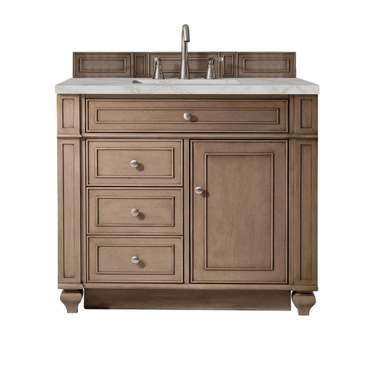 Bristol 36" Single Vanity, Whitewashed Walnut w/ 3 CM Victorian Silver Silestone Top