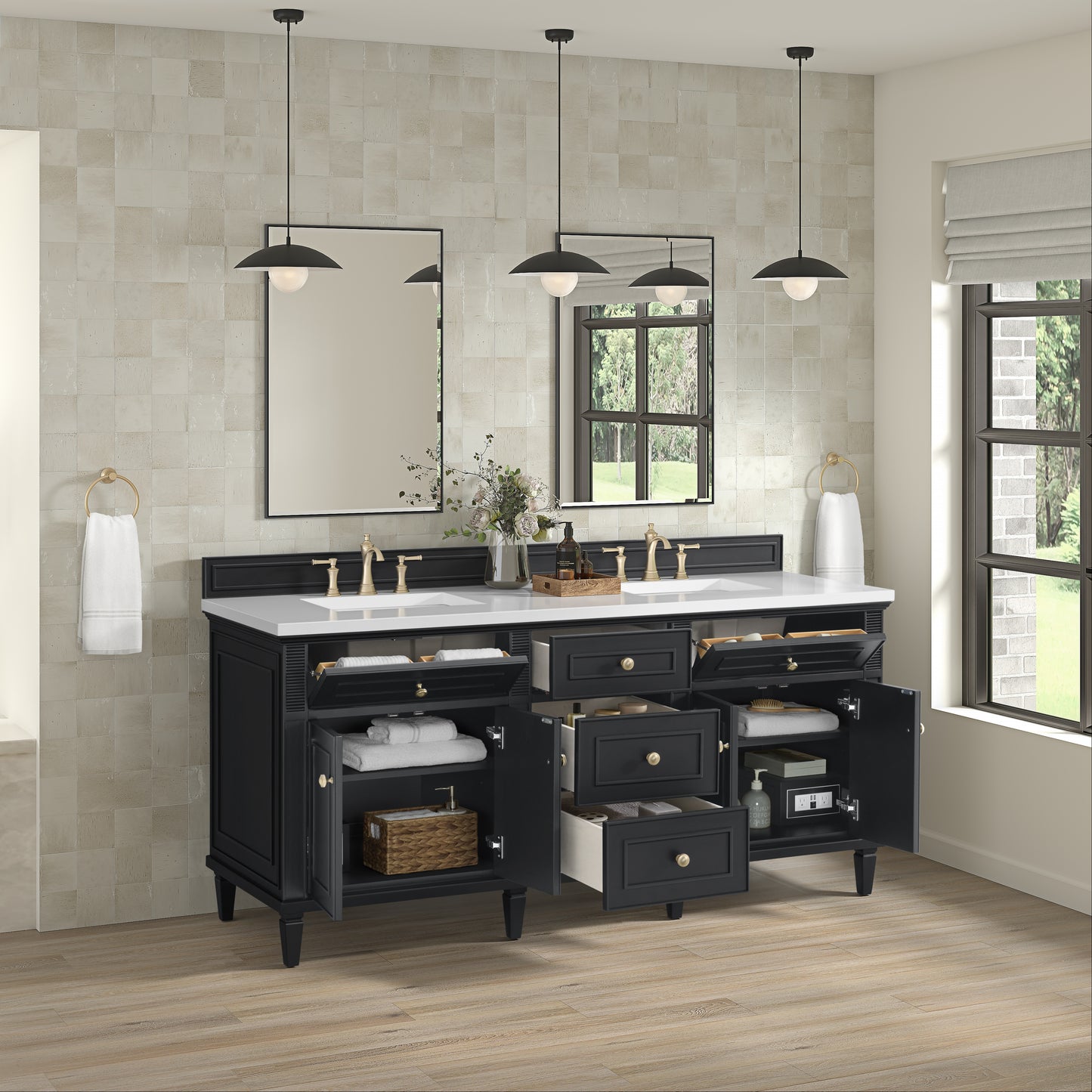Lorelai 72" Double Vanity, Black Onyx w/ 3 CM White Zeus Silestone Top