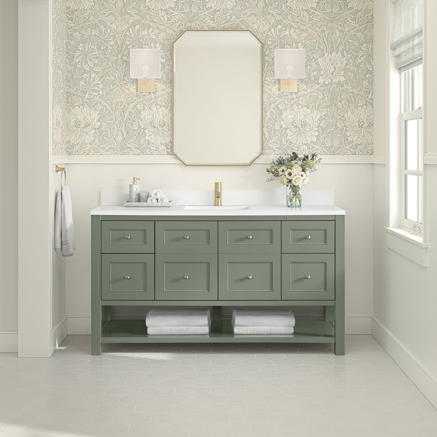 Breckenridge 60" Single Vanity, Smokey Celadon, w/ Single Hole 3 CM White Zeus Quartz Top & Backsplash