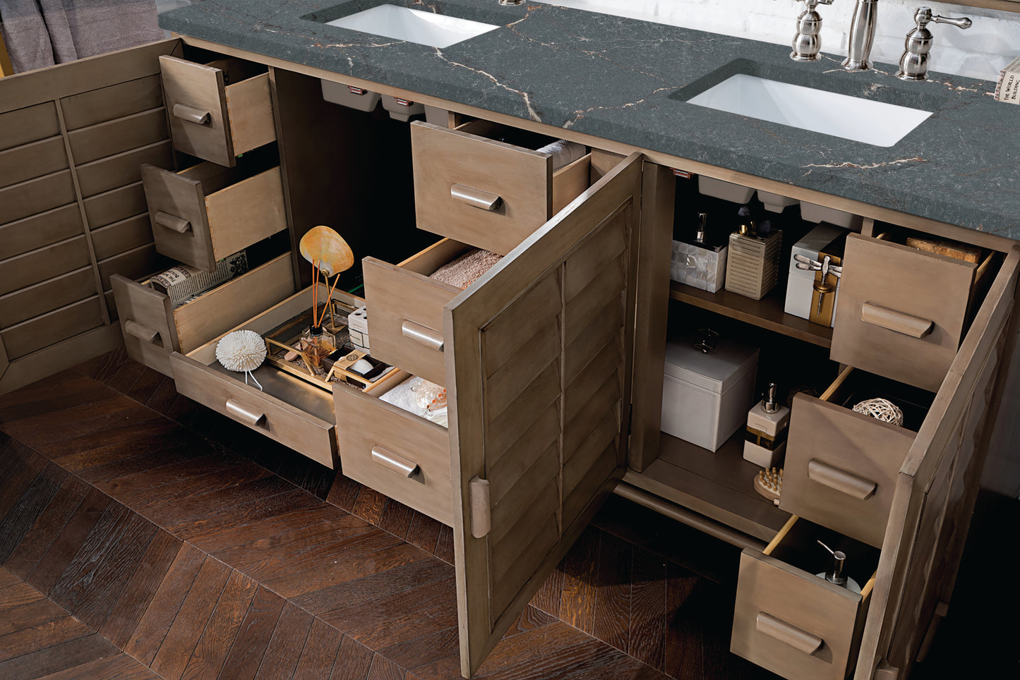 Portland 72" Double Vanity Whitewashed Walnut w/ 3 CM Parisien Bleu Silestone Top