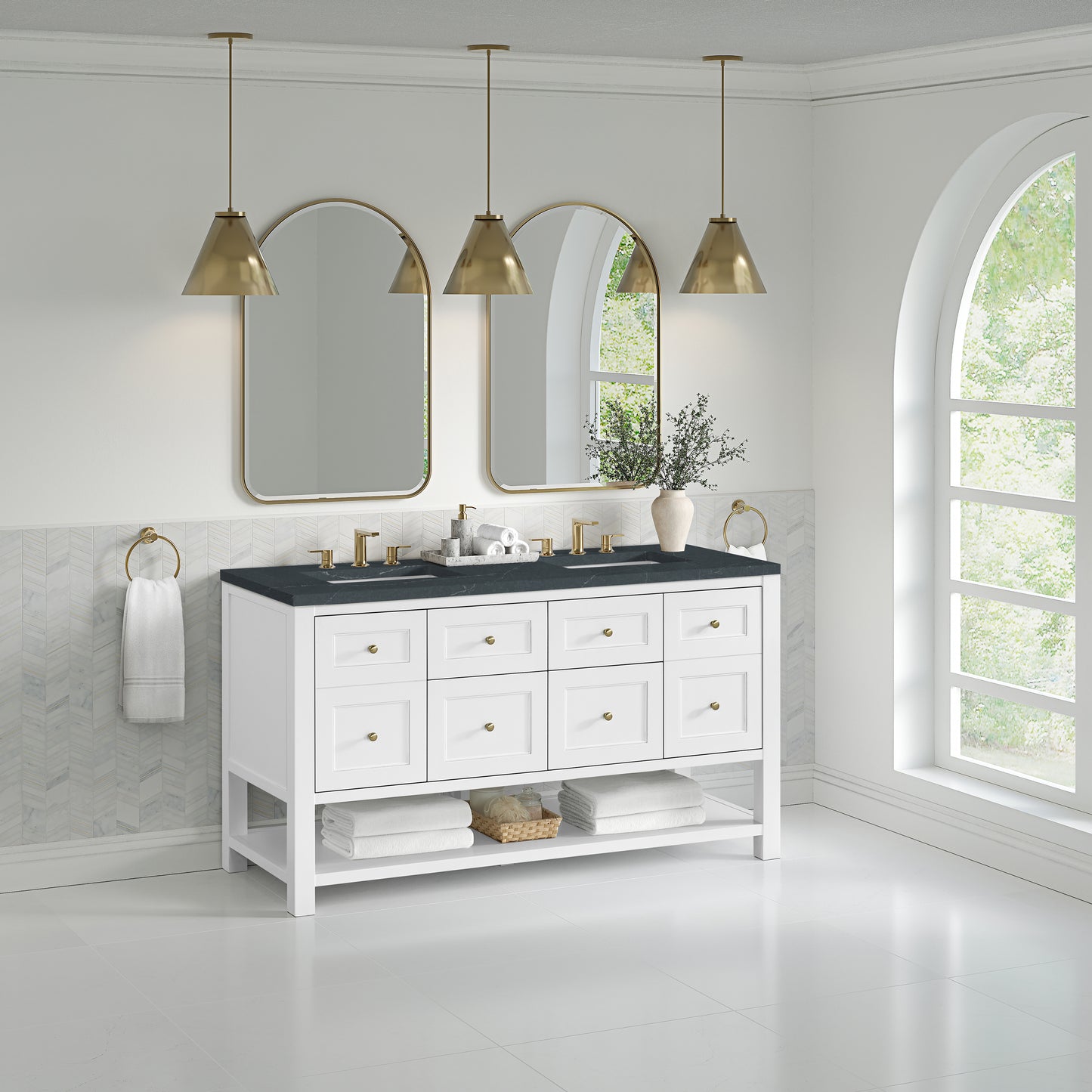 Breckenridge 60" Double Vanity, Bright White, w/ 3 CM Charcoal Soapstone Quartz Top
