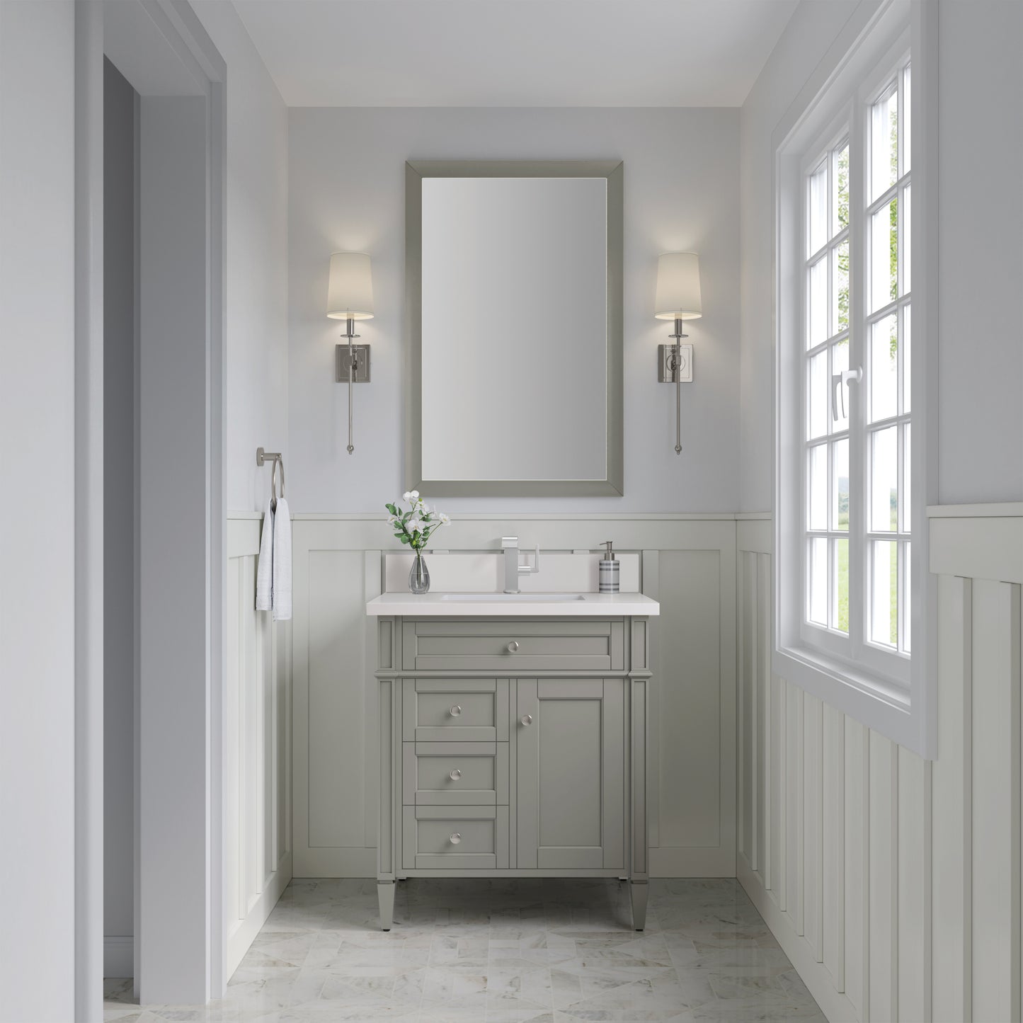 Brittany 30" Single Vanity, Urban Gray, w/ Single Hole 3 CM White Zeus Silestone Top & Backsplash